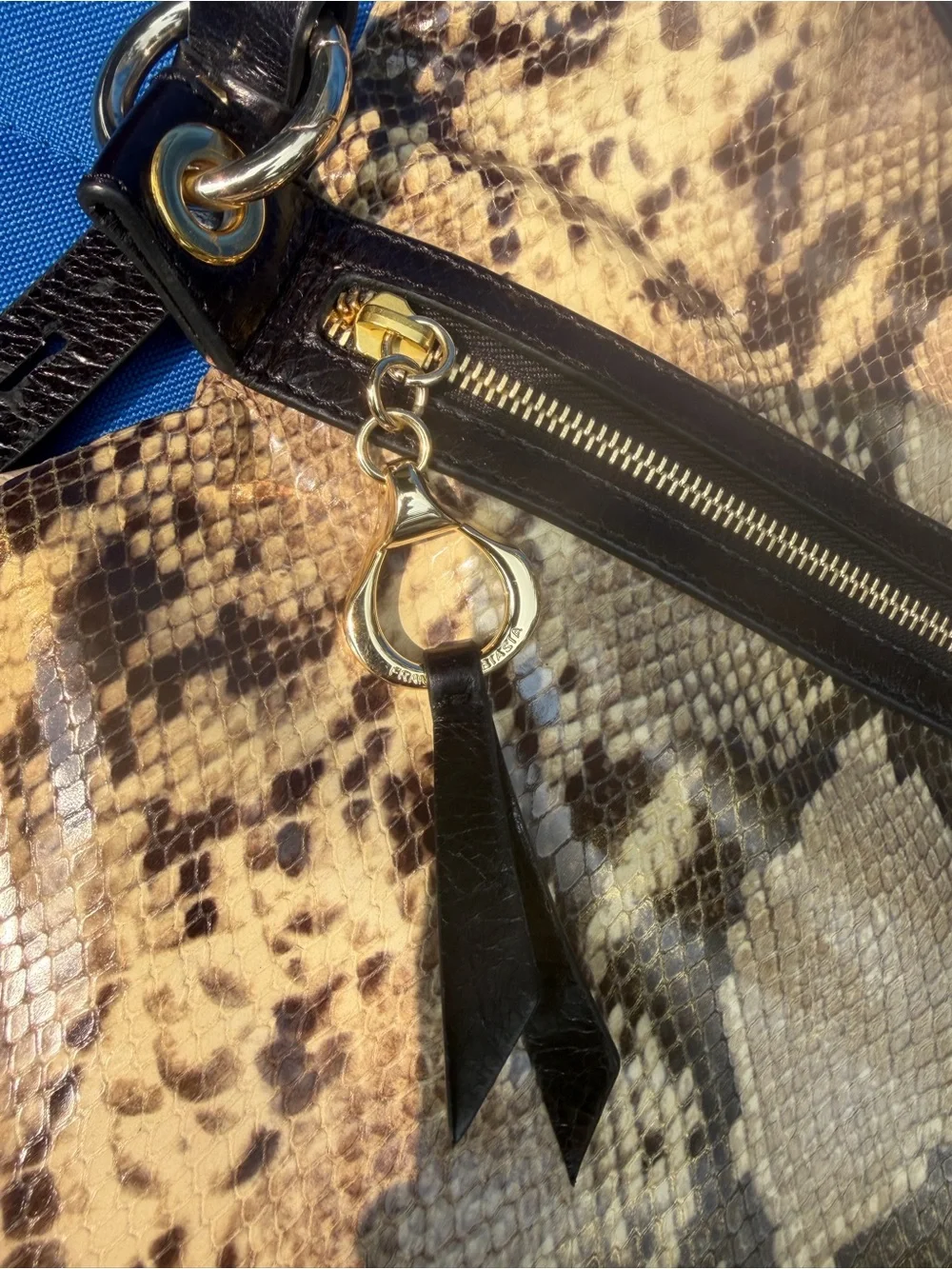 Beautiful Snake-Skin Shoulder Bag with Black Trim and Gold Hardware. Authentic